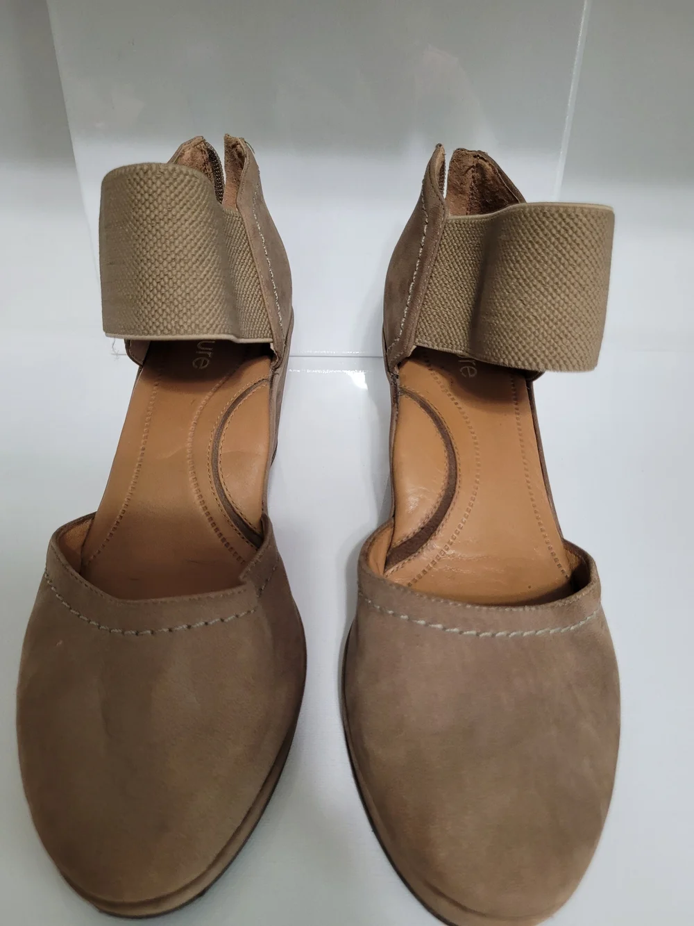 Nurture Taupe Faux Suede Wedge with Wide Elastic Ankle Strap